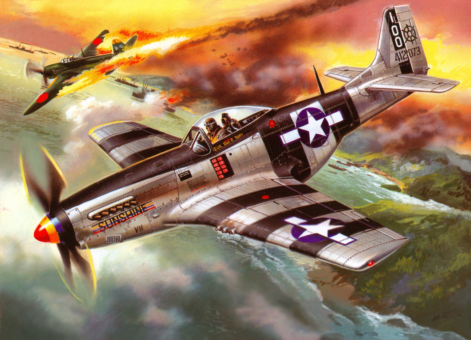 art sky p-51k american fighter shot down japanese plane water bay ships ww2 picture