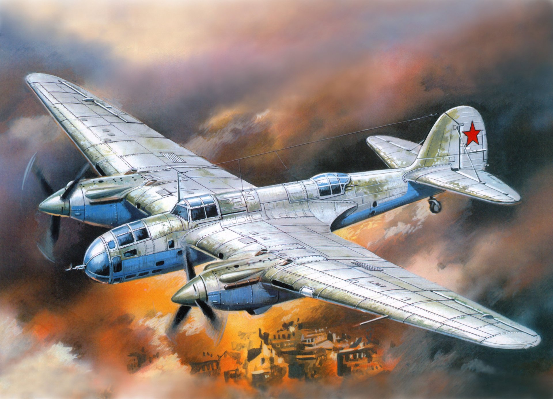 art ciel ar-2 soviétique bimoteur piqué bombardier ville flamme fumée seconde guerre mondiale dessin