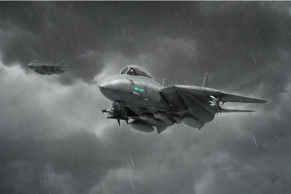 Avión interceptor vuela bajo la lluvia