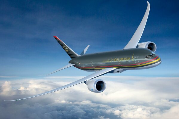 Flying an airplane over clouds in a blue sky