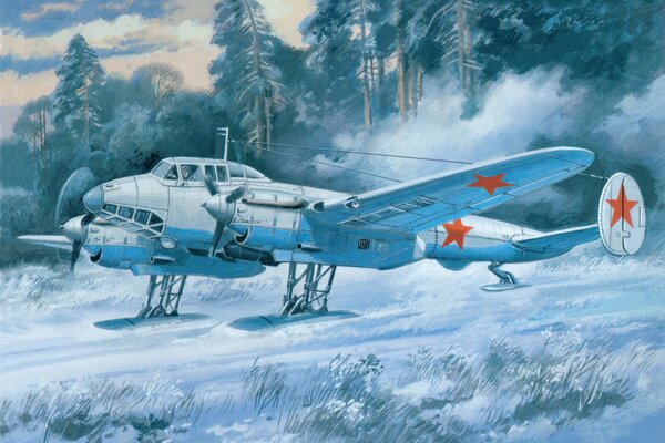 Winter landscape of the Russian hinterland with a Soviet plane