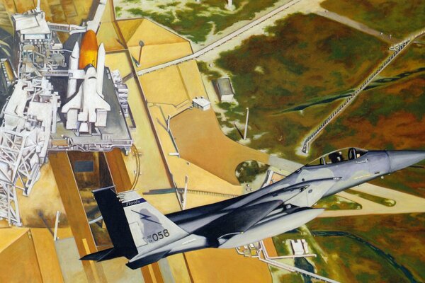 Destroy the f-15 eagle flies over the launch pad of the space shuttle. Drawing on the desktop