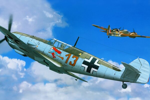 Art drawing of the German fighter ME-109 in the sky