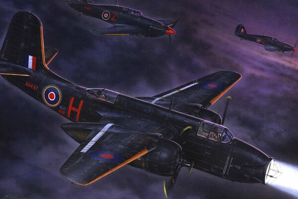 Zeichnung eines Bombers und eines Kampfflugzeugs in der Nacht