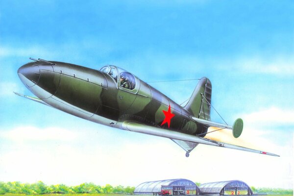 Art drawing of a Soviet bi-1 aircraft taking off into the sky