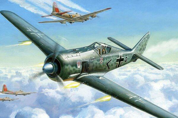 Una batalla sobre las nubes entre un fa-190 a-4 alemán y un Boeing b-17 apodado Flying Fortress .