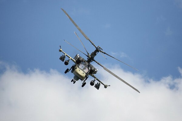 Russian large attack helicopter flying in the sky