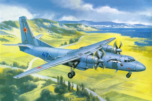 Рисунок военно-транспороного советского самолёта