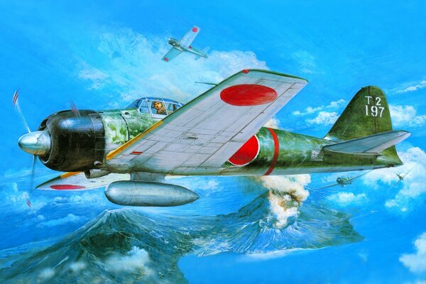 Drawing of a Japanese plane in the sky over the mountains