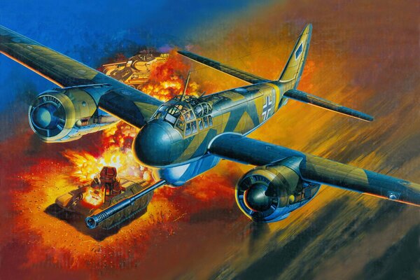 Niemiecki samolot szturmowy zestrzelił radziecki czołg średni, powodując pożar czołgu