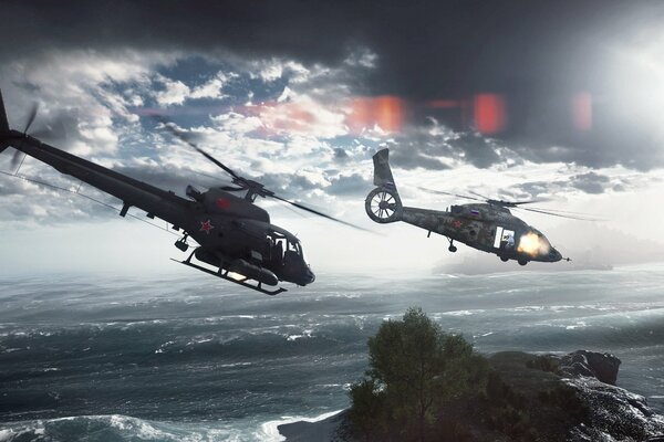 Helikoptery przelatują nad Wyspami Paracelskimi