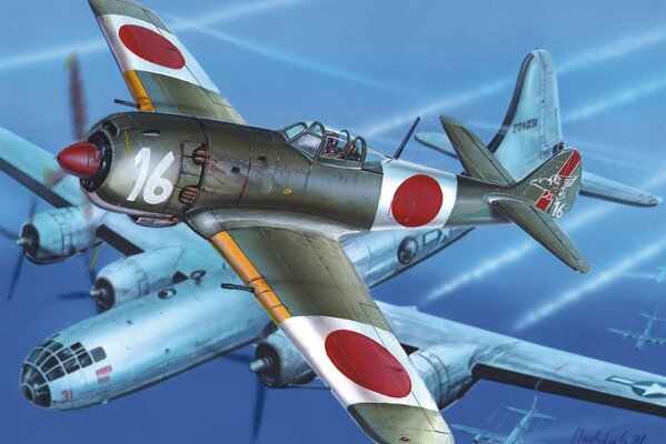 Art of a Japanese fighter and an American Boeing