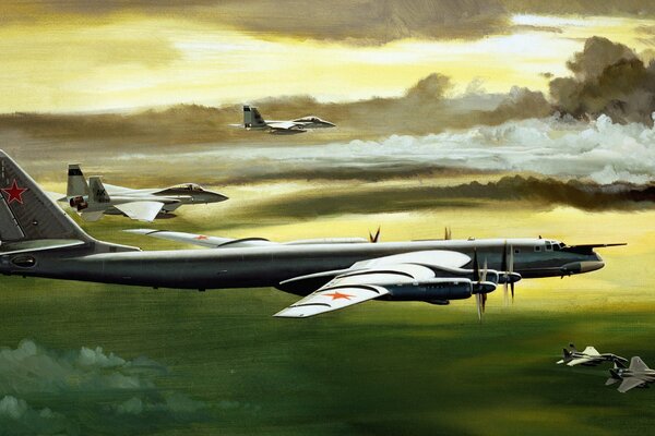 Арт советского стратегического бомбардировщика в небе