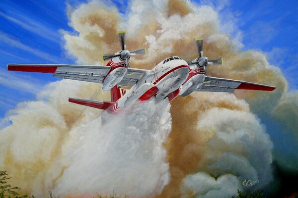 Russian firefighting aircraft when extinguishing a fire in the forest