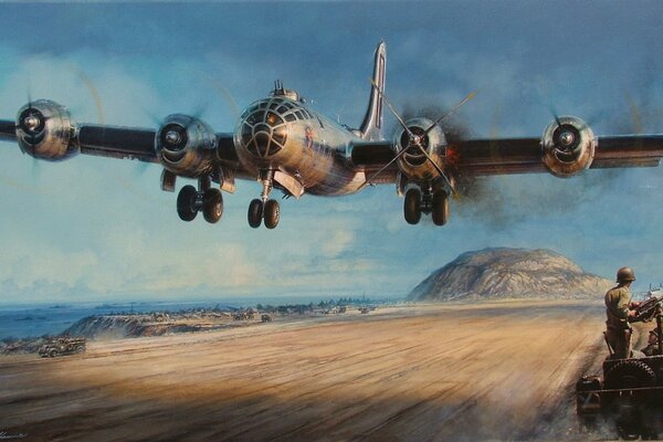 Drawing of the landing of the American b-29 bomber