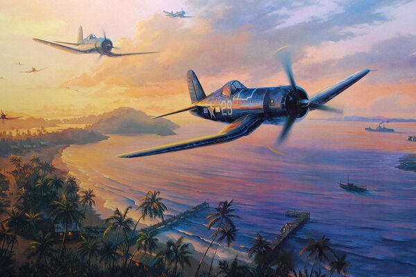Живопись, тишину живописной лагуны нарушают американские самолёты f4u corsair. Тихоокеанская война. в
