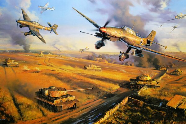 Военная живопись, изображенние наземного боя танков и воздушного самолетов