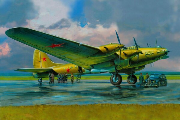 Sowjetischer viermotoriger Bomber auf dem Flugplatz