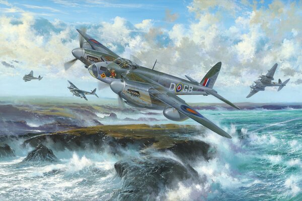 Britisches Kampfflugzeug und Flugzeuge in der Nähe des Meeres
