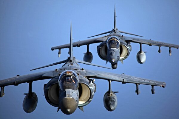 A pair of fighter jets flying in the sky