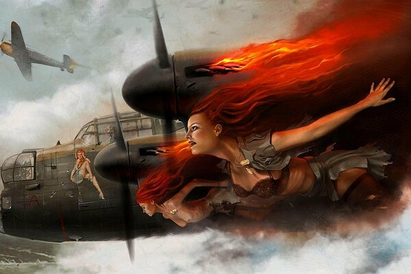 Arte del bombardiere britannico con ragazze di fuoco
