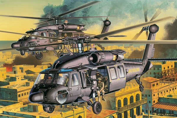 American attack helicopters with special forces soldiers over the city