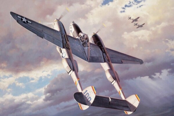 Aviones de guerra en el cielo. Pintura