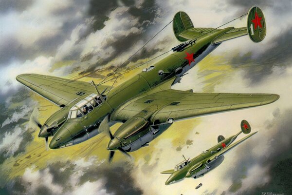 Eine Zeichnung mit einem Bild von sowjetischen Flugzeugen, die Bomben abwerfen