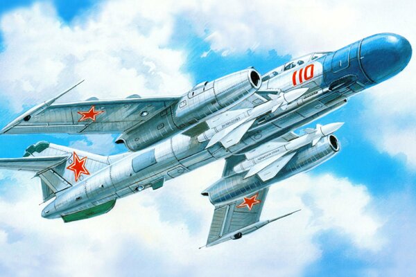 Yak-25k fighter jet on the background of clouds and sky