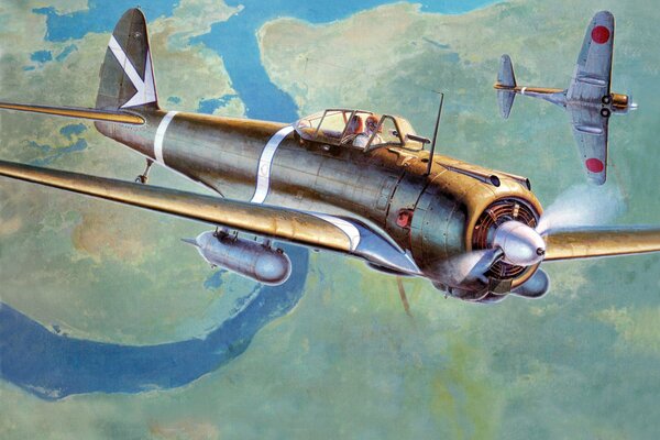 Disegno del combattente Giapponese Ki - 43 nel cielo