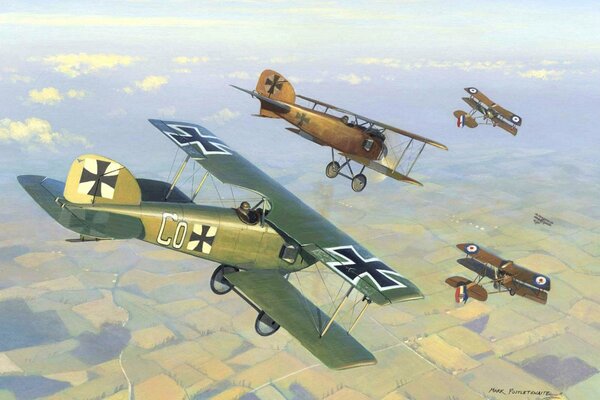 Aerial combat. English and German aircraft