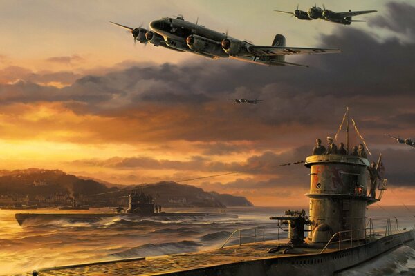 Fine art, painting, the fight of German junkers with submarines