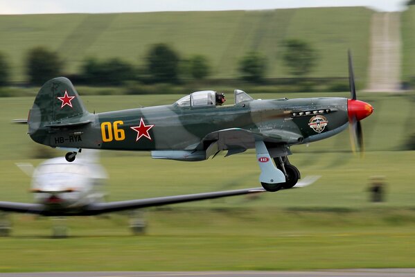 A Soviet military fighter jet lands