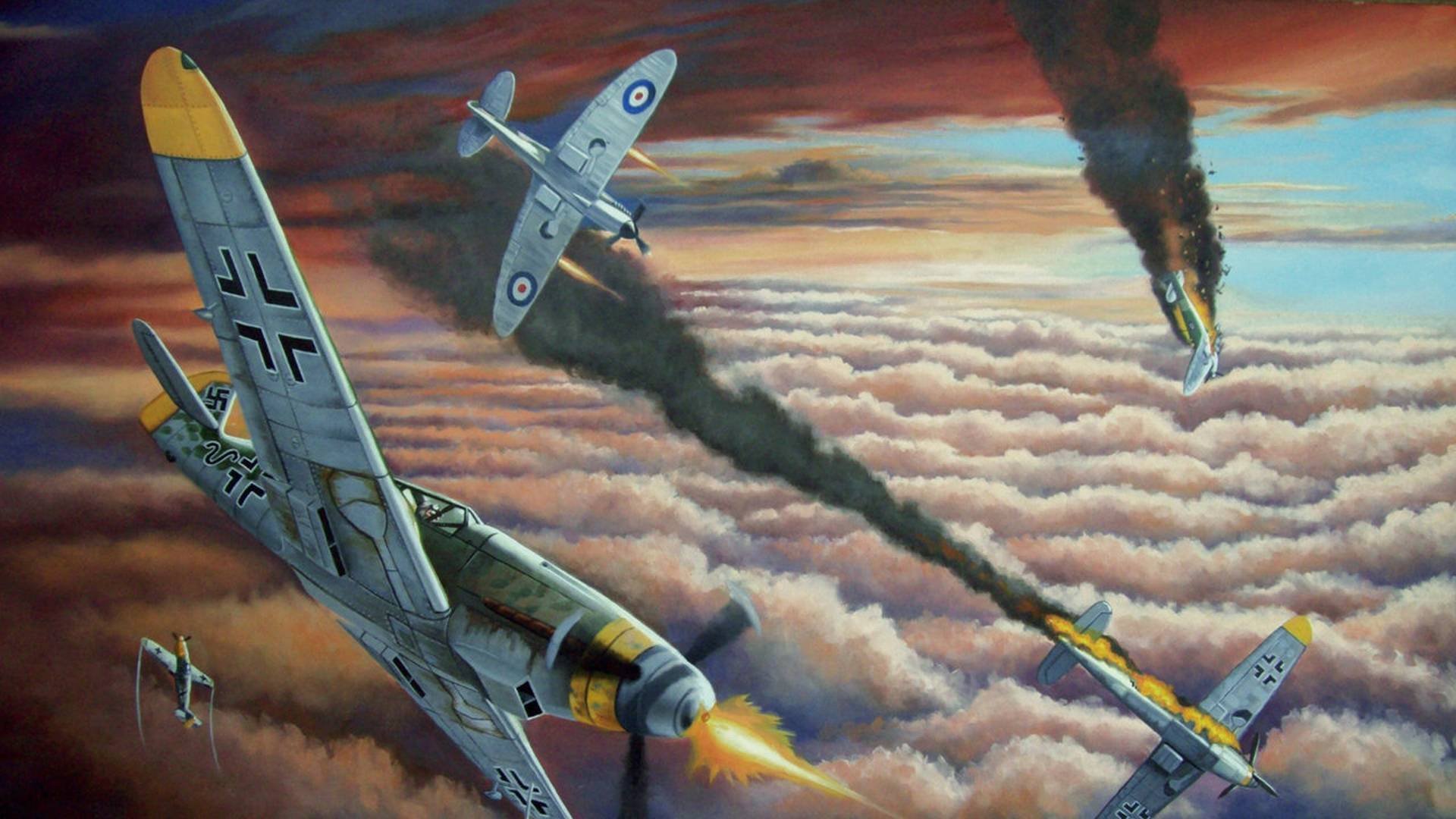 upermarine spitfire bf-109 messer hit fight smoke picture art cloud