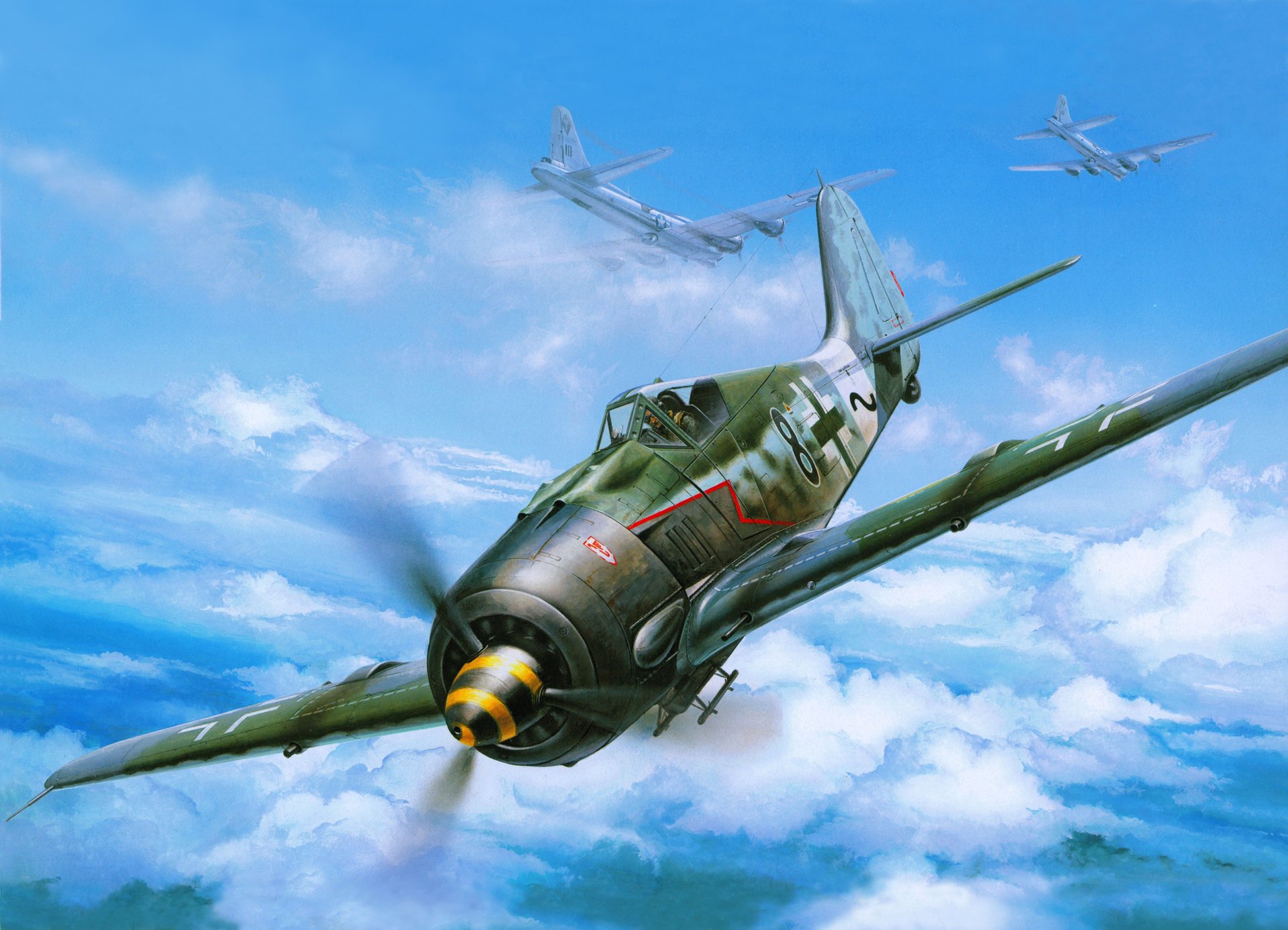 cielo nubes guerra focke-wulf fw 190a alemán caza ataque b-17 americano bombarderos