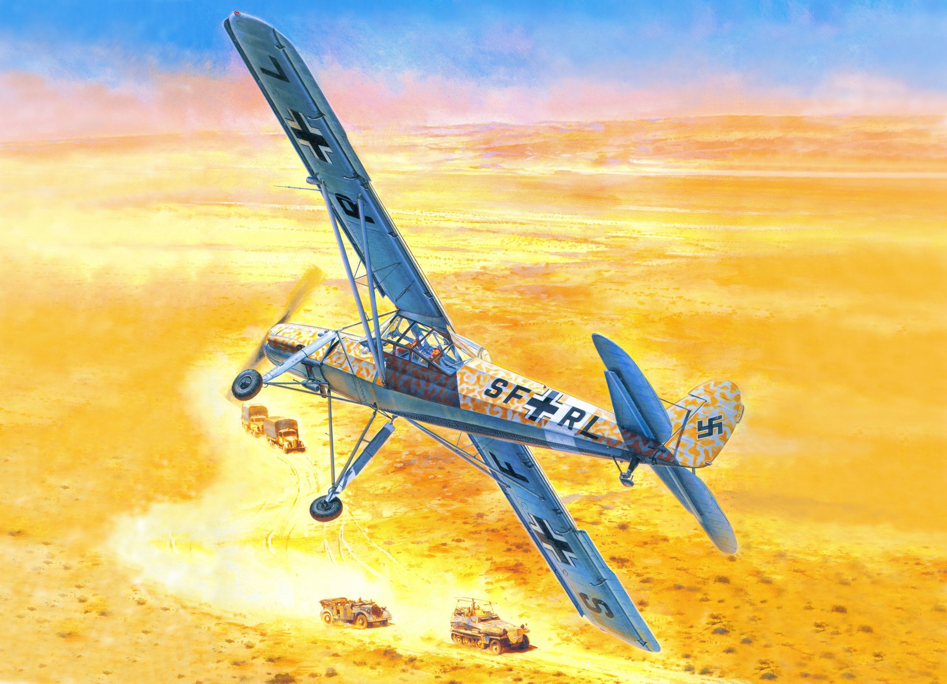 art africa desert column avtobronetehniki sky fieseler fi 156 storch small german plane ww2 picture