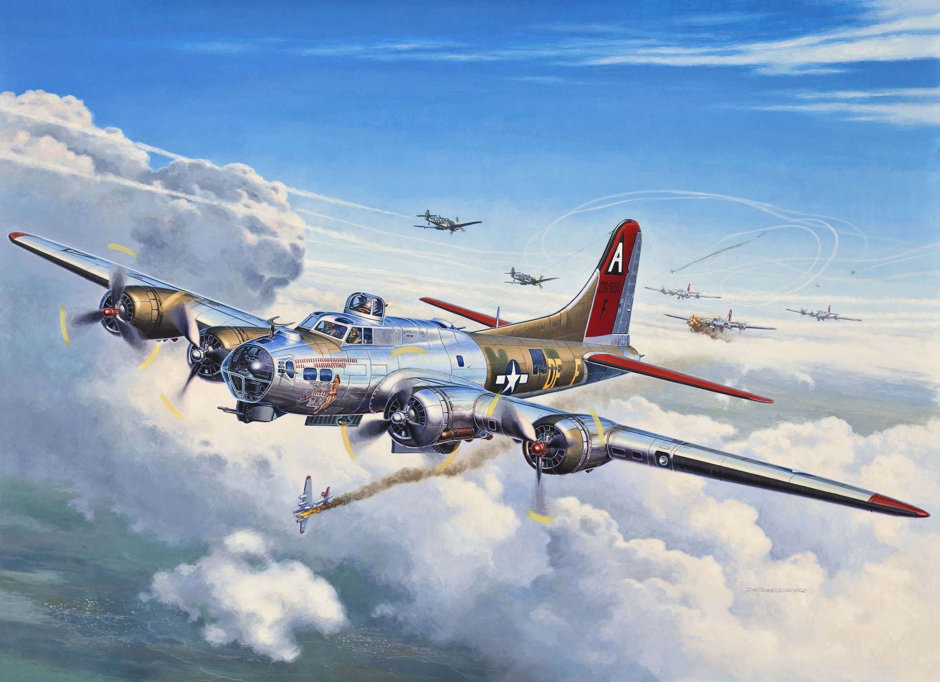 art airplane boeing b-17 flying fortress flying fortress american all-metal bomber crew 10 people link bombers on mission engaged battle with german istribitel interceptors air force usa ww2