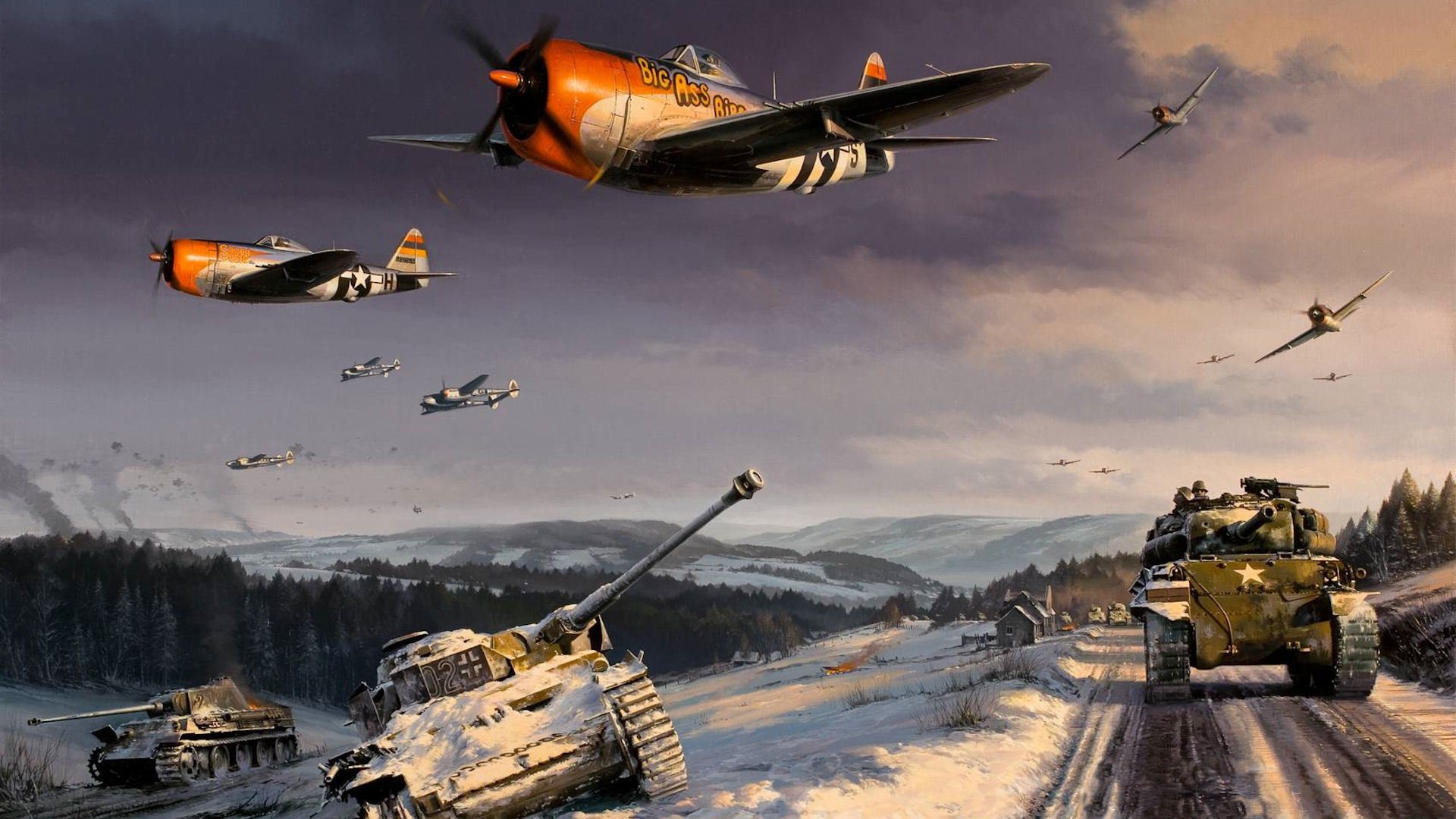 p47 thunderbolt p38 foudre seconde guerre mondiale bataille des ardennes sherman art dessin