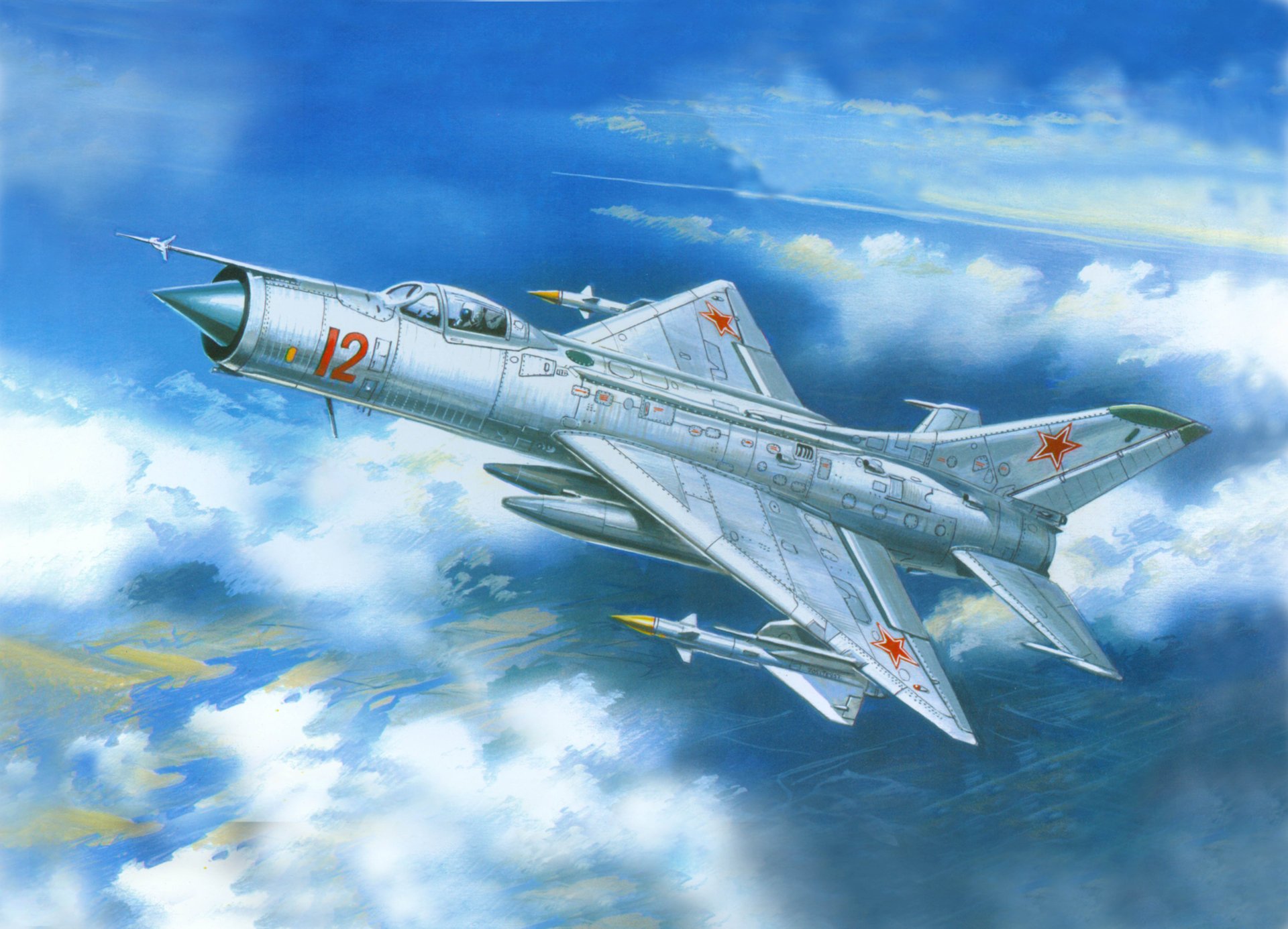 arte cielo mig-21f soviético multipropósito luchador okb mikoyan y gurevich dibujo