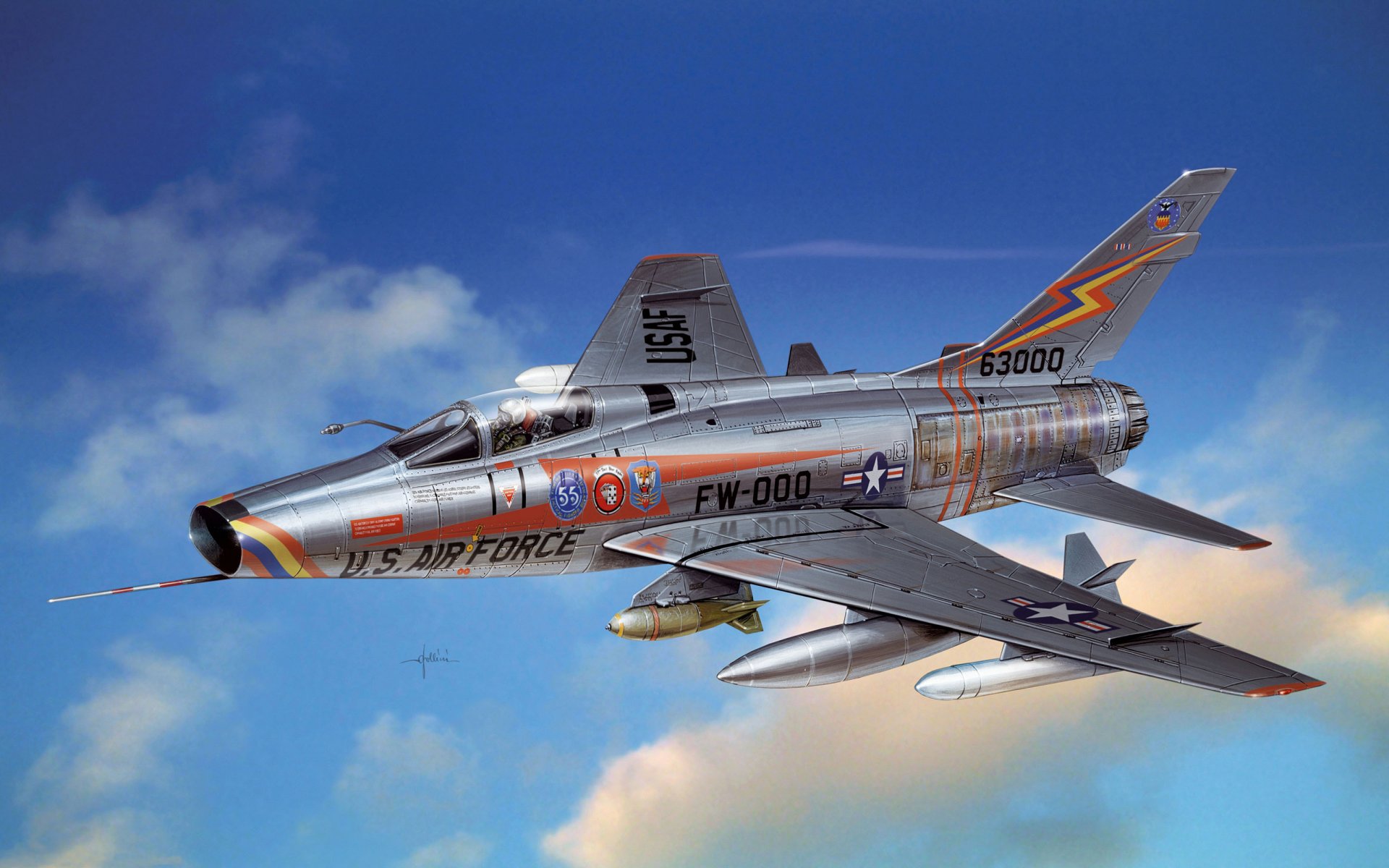 kunst flugzeug nordamerikanische f-100 super-seiber amerikanisch einzel einmotorig überschall kämpfer abfangjäger bomber scout erste in welt seriell luftwaffe usa