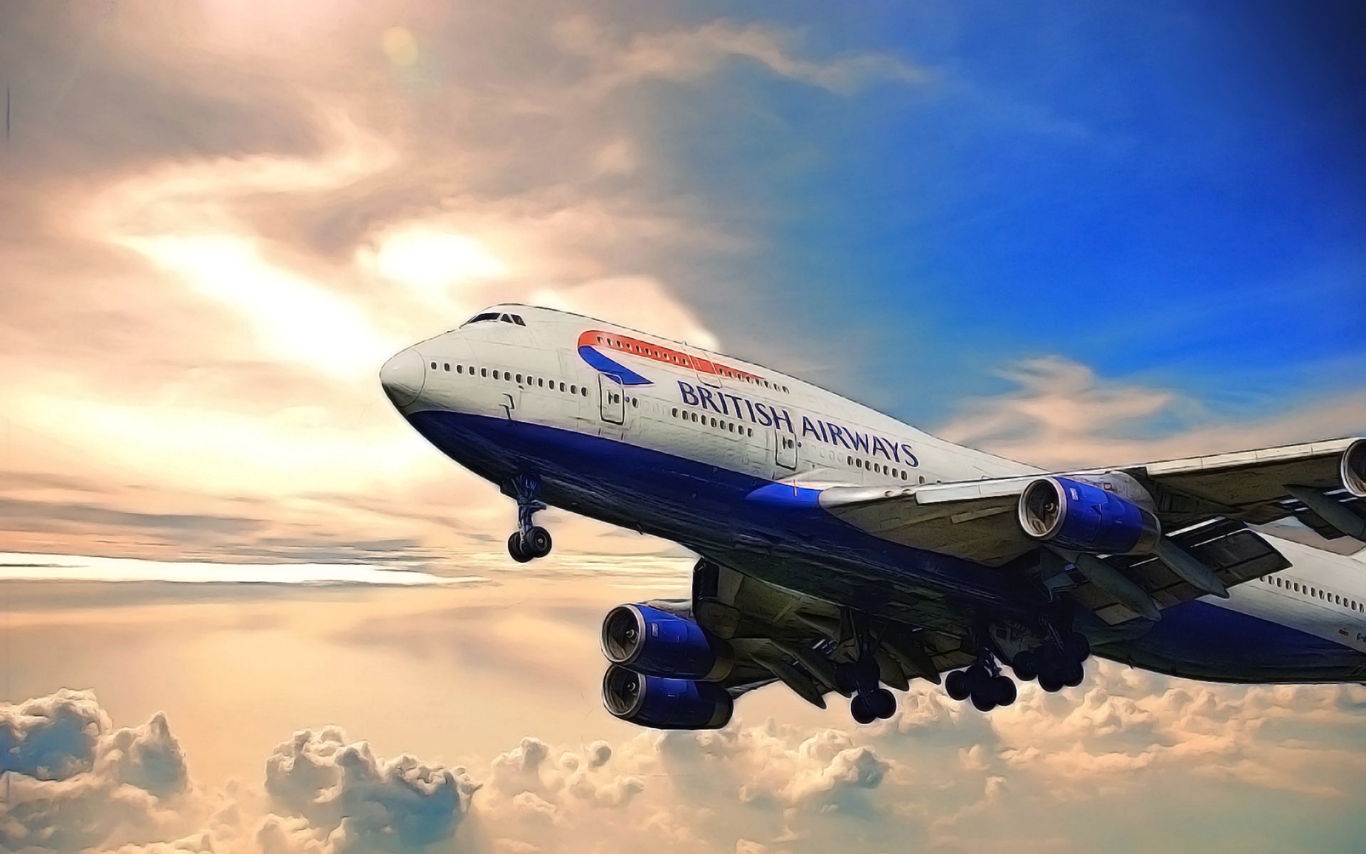 boeing british airways jumbo jet long-courrier aéroport avion passager avion de ligne en vohduh dessin nuages ciel pilotes difficiles