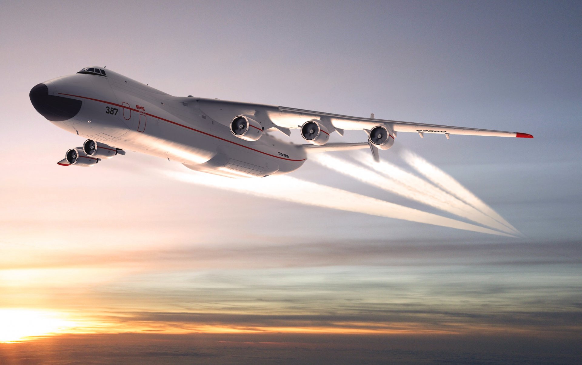 antonov an 225 mriya kosaken düsenflugzeug flugzeug in der luft wolken himmel udssr sonnenuntergang