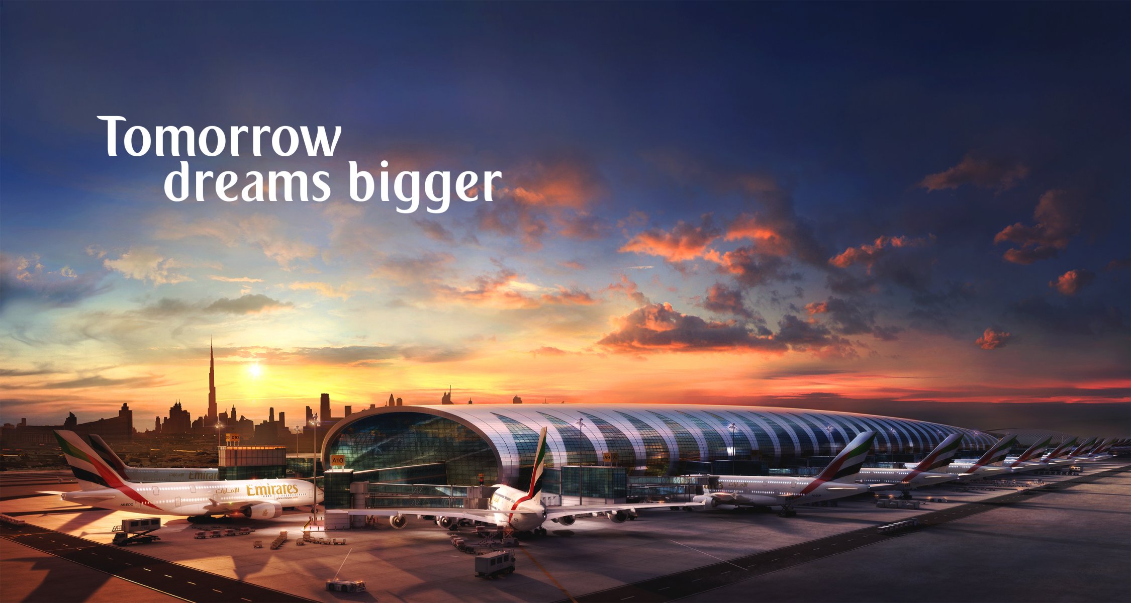 airbus a380 emirates airline plane passenger airliner airport sunset sun dubai many building terminal sky cloud