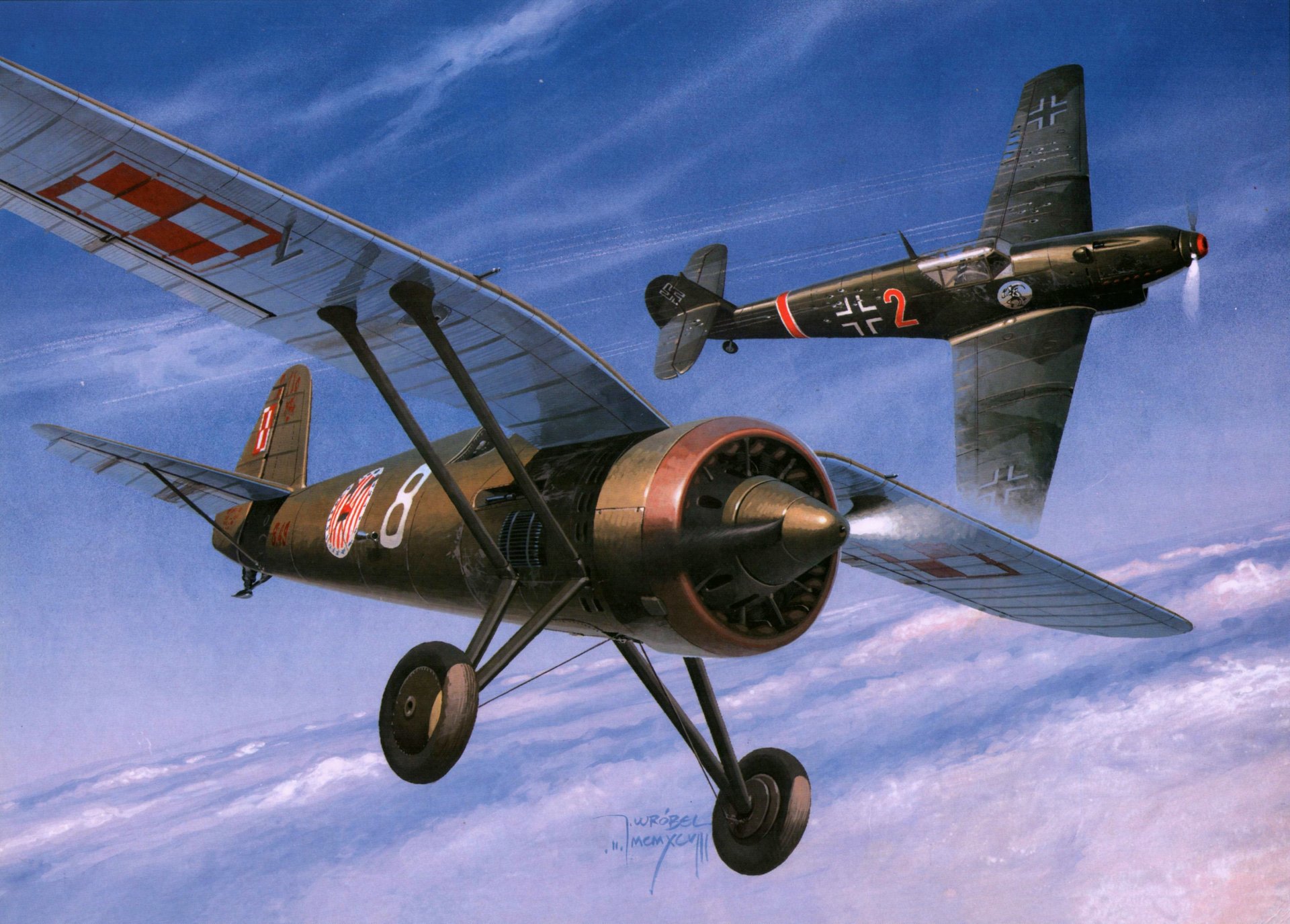 arte cielo combate aéreo pzl p. 11 polaco monomotor monoplano de combate y messerschmitt bf.109d-1 alemán luchador ww2 figura