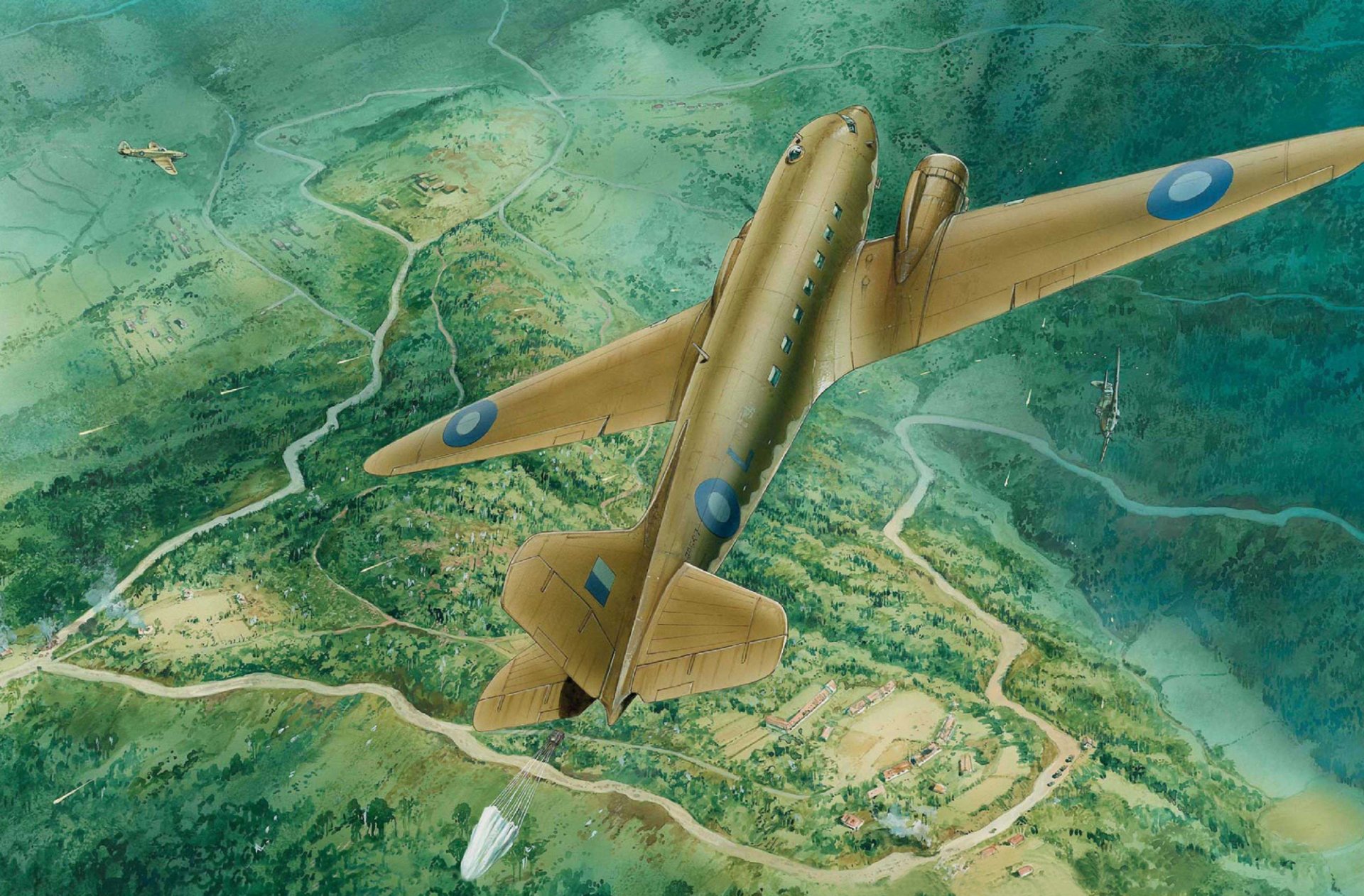 art aircraft douglas dc-3 douglas dc-3 americano a corto raggio di trasporto con due motori a pistoni al servizio della gran bretagna battaglia di kohima aprile 1944 di volo aereo cadere carico paracadute ww2 artista peter dennis