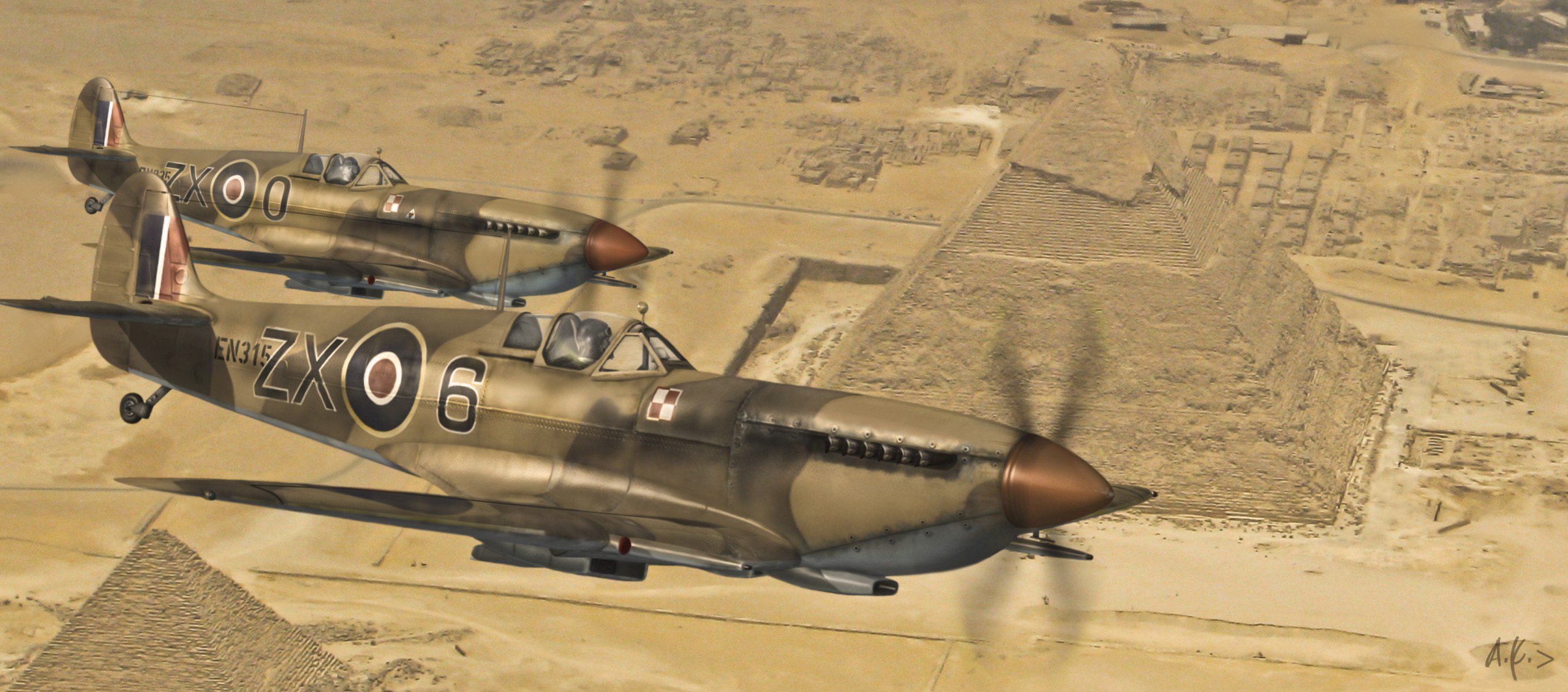 arte avión supermarine spitfire spitfire inglés caza interceptor explorador vapor con emblema polaco escuadrón vuelo sobre pirámides desierto egipto ww2