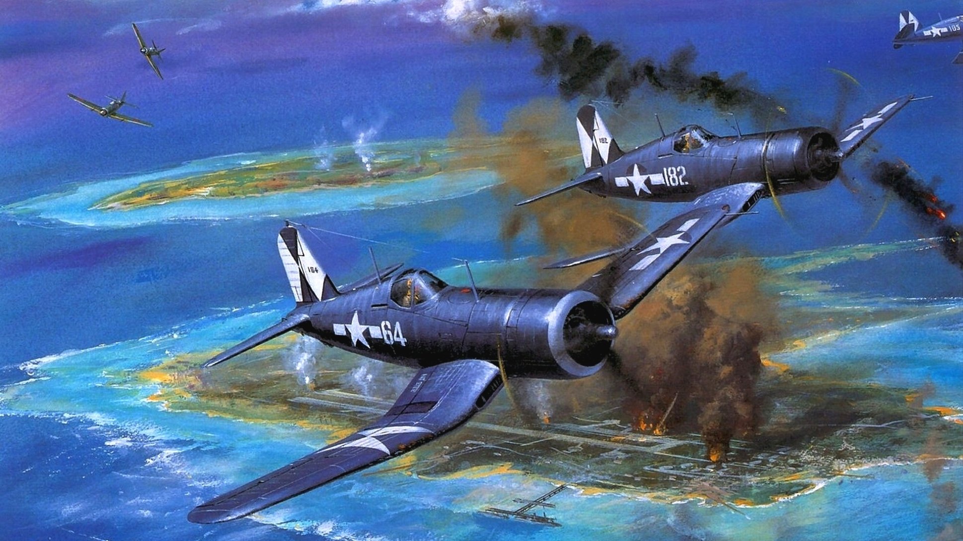 art ciel f4u corsaire américain monoplace pont avions de chasse île aérodrome feu fumée ww2 dessin