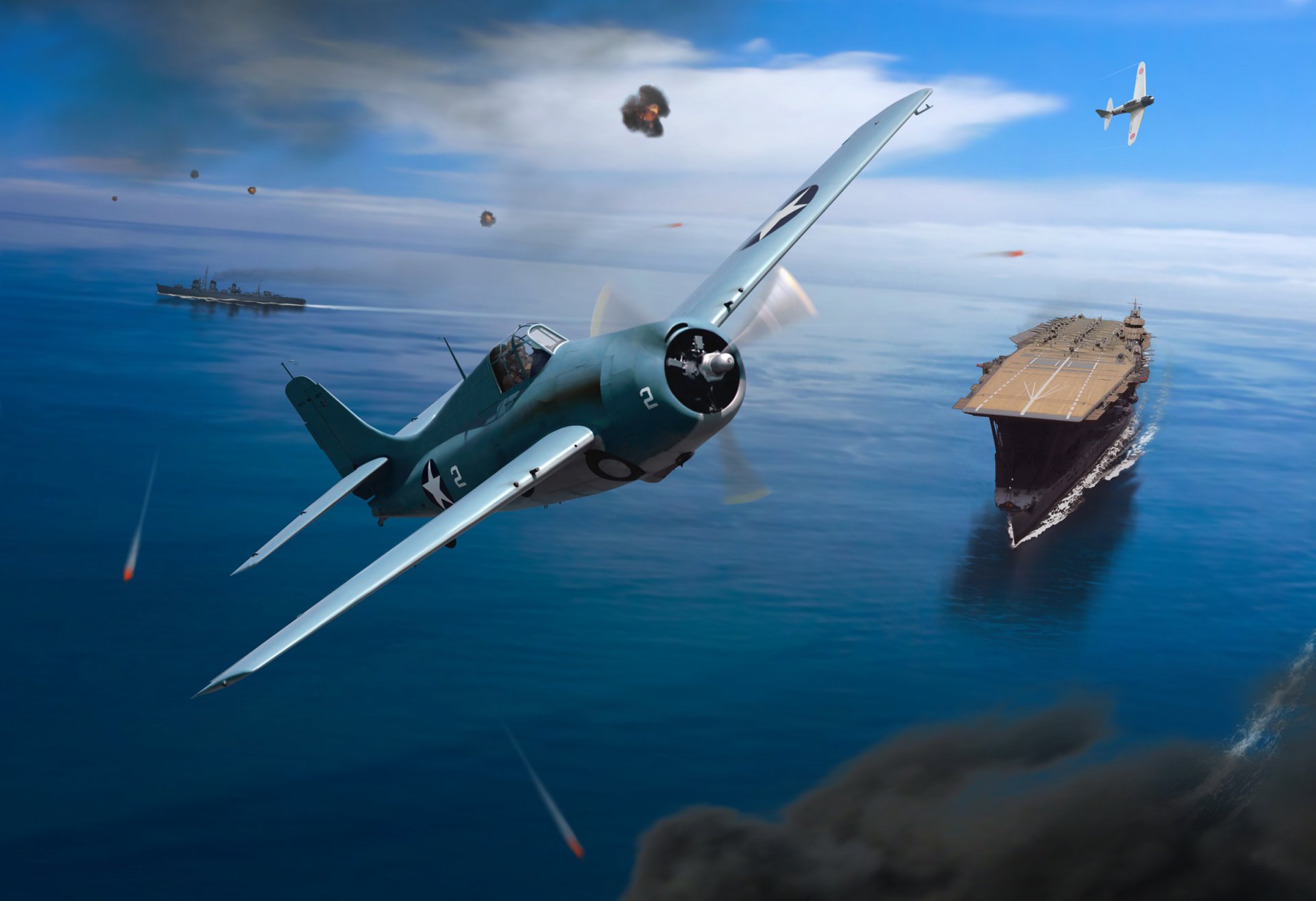 art war sky amerykański myśliwiec grumman f6f hellcat japoński mitsubishi a6m zero sea japońskie okręty wojenne lotniskowiec akagi niszczyciel ww2 rysunek