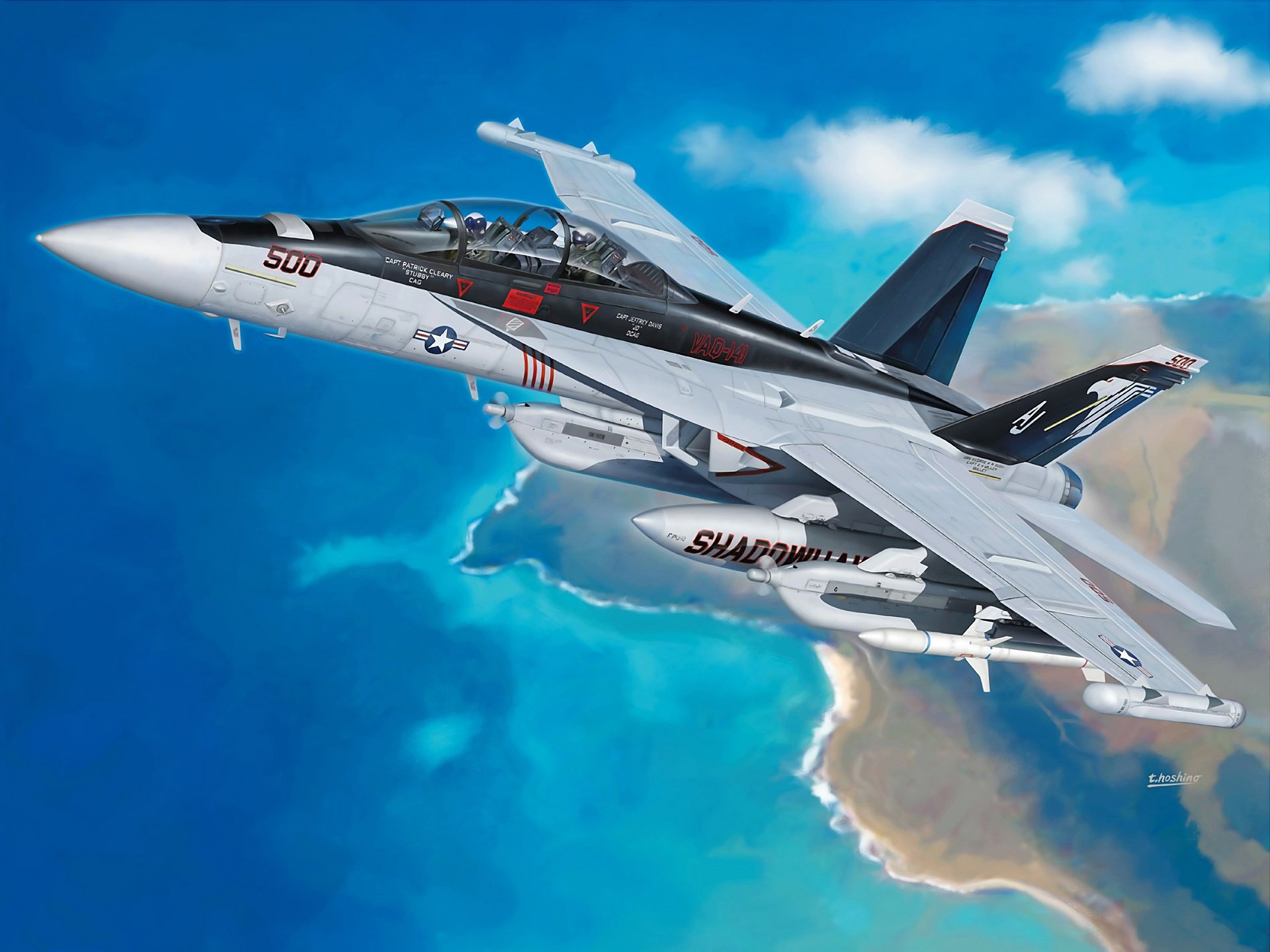 art airplane boeing ea-18 growler growler deck electronic combat developed by firm on base fighter fa-18f super hornet in sky navy usa artist t.hoshino