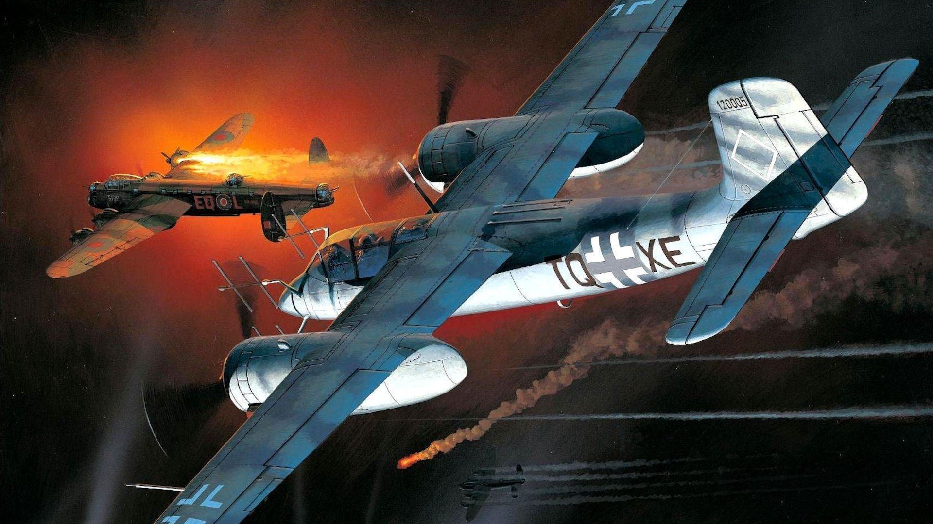 focke-wulf ta-154 moskito chasseur de nuit allemagne dessin nuit guerre feu